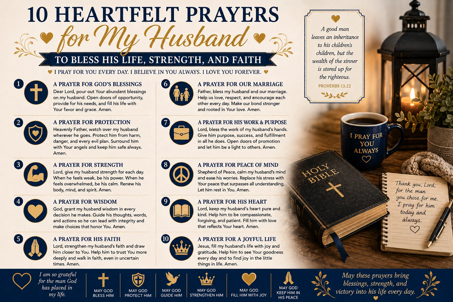 Prayers for Couples: 10 Heartfelt Prayers for Love, Strength, and a Stronger Relationship Introduction A few years ago, I heard a couple share something simple that stayed with me. They said they did not always know how to solve every problem in their marriage, but they knew they could pray together. When money was tight, they prayed. When they were hurt, they prayed. When life felt calm, they still prayed. Over time, prayer became more than words. It became a place where they found peace, hope, and a fresh start. If you are searching for prayers for couples, this guide is written for you. Whether you are dating, engaged, newly married, or have shared many years together, prayer can bring your hearts closer to God and to each other. These prayers can help you ask for love, wisdom, forgiveness, peace, faith, and strength. You can pray them together or alone. You can use a short prayer for couples when you are busy, or spend more time in prayer when you need deeper comfort. Most of all, remember this: you do not need perfect words. God hears a sincere heart. Prayer for Couples to Grow in Love Dear God, Thank You for bringing us into each other's lives. Thank You for the love we share and for every memory we have made together. Please help our love grow deeper each day. Teach us to be patient when we do not agree. Help us listen before we speak. Give us gentle words when we feel hurt, and help us show kindness even when we are tired. Keep us from taking each other for granted. Remind us to say “thank you,” to forgive quickly, and to make time for one another. Let our love be more than feelings. Let it be built on trust, respect, faith, and selfless care. Help us choose each other again and again. May our relationship reflect Your love. Keep our hearts close to You and close to each other. Amen. Prayer for Couples for Strength in Hard Times Dear Lord, When life becomes hard, please give us strength to stand together. Some days bring stress, fear, money worries, family problems, or painful moments we never expected. When those days come, help us remember that we are not alone. Give us the courage to face each problem one step at a time. Please keep hardship from turning our hearts against each other. Instead, help us become a team. Teach us to speak with love, support one another, and seek Your wisdom before making important choices. When one of us feels weak, let the other offer strength. When one of us loses hope, help the other bring light. Give us faith when answers are not clear. Help us trust that difficult seasons will not last forever. Hold our relationship firmly in Your hands. Give us peace today and hope for tomorrow. Amen. Prayer for Couples to Find Peace After Conflict Heavenly Father, We come to You with humble hearts. Sometimes we say things we do not mean. Sometimes anger speaks louder than love. Please forgive us for the ways we have hurt each other. Bring peace into our relationship. Help us stop trying to win arguments and start trying to understand one another. Give us the wisdom to know when to speak and when to be quiet. Remove pride, anger, and bitterness from our hearts. Help us say, “I am sorry,” when we are wrong, and help us forgive when we have been hurt. Heal the wounds caused by harsh words and misunderstandings. Let our home become a place of safety, peace, and grace. Teach us that forgiveness does not mean ignoring pain. It means choosing love and allowing healing to begin. Help us leave yesterday's argument behind and move forward with renewed kindness. Amen. Prayer for Couples to Build Trust Dear God, Please build strong trust between us. Help us become people who keep our promises, speak truth, and treat each other's hearts with care. Where trust has grown weak, please bring healing. Where there has been disappointment, give us patience as we rebuild. Help us understand that trust often grows through small acts of honesty and love each day. Protect us from secrets, lies, jealousy, and fear. Give us open hearts so we can talk about our feelings without fear of judgment. Teach us to trust You first. When we place our relationship in Your hands, help us remember that You can guide us through uncertain times. May we feel safe with each other. May our words match our actions. May we become partners who can depend on one another. Let our relationship be marked by honesty, loyalty, understanding, and faith. Amen. Prayer for Couples for Wisdom and Guidance Lord, We need Your wisdom. There are times when we do not know what choice to make or which path to follow. Please guide us together. Help us make wise decisions about our future, our family, our work, our finances, and our relationship. Keep us from making choices based only on fear, anger, or pressure. Teach us to slow down and seek Your direction. Help us listen to each other and respect different thoughts and feelings. When we have important decisions to make, give us clear minds and peaceful hearts. Close doors that are not right for us and open the doors that lead us toward a good and faithful future. Help us remember that we do not have to understand everything today. Give us wisdom to know what is right, courage to follow it, and faith to trust You with the results. Guide our steps and keep us united. Amen. Prayer for Couples to Keep Faith Strong Dear Lord, Please strengthen our faith. In busy seasons, help us remember You. When life is easy, keep us grateful. When life is painful, keep us close to You. Help us pray together, read Your Word together, and encourage one another in faith. If one of us becomes discouraged, help the other offer hope instead of judgment. Make our relationship a place where faith can grow. Help us talk about You, trust Your promises, and seek Your guidance in our daily lives. Protect us from allowing work, stress, entertainment, or other distractions to push You out of our relationship. Give us a spiritual connection that is deeper than anything the world can offer. Let our faith shape the way we love, forgive, serve, and care for one another. May we grow closer to You and, through that closeness, grow closer to each other. Amen. Prayer for Couples to Heal a Broken Heart Loving Father, You know every hurt we carry, including the pain we may not know how to explain. Please bring healing to our relationship. If one of us feels rejected, lonely, disappointed, or forgotten, help us notice that pain. Give us the courage to talk about it with kindness. Heal old wounds that still affect the way we love today. Help us stop bringing yesterday's pain into today's conversations. Where there has been betrayal or deep disappointment, give us wisdom about the next step. Help us seek healing with honesty, patience, and grace. Remind us that healing may take time. Help us not rush the process or lose hope. Give us new tenderness toward each other. Teach us how to rebuild what has been damaged, one faithful step at a time. Let Your peace cover our hearts and give us hope for a new beginning. Amen. Prayer for Couples to Protect Their Relationship Heavenly Father, Please protect our relationship from anything that tries to pull us apart. Protect our hearts from jealousy, pride, anger, temptation, and selfishness. Protect our time together from endless distractions. Help us make our relationship a priority. Give us wisdom about the people and influences we allow into our lives. Help us build healthy boundaries and choose friendships that support love and faith. When stress enters our home, help us respond with patience. When temptation comes, give us strength to walk away. Protect our private conversations and the promises we have made to one another. Help us never use each other's weaknesses as weapons. Keep our hearts faithful. Remind us why we chose each other and help us continue choosing love every day. Place Your peace around our relationship. May our bond grow stronger, safer, and more faithful with every season. Amen. Prayer for Couples and Their Future Dear God, We place our future in Your hands. We may have dreams, plans, and hopes, but we know that You see the road ahead better than we do. Please guide us as we build our life together. Bless our work, our home, our finances, and the plans we make. Help us dream together without becoming anxious about what has not happened yet. Teach us to enjoy today's blessings while preparing wisely for tomorrow. If our plans change, give us grace to accept the new path. If doors close, help us trust that You are still working. If blessings come, keep us humble and thankful. Give us patience with the timing of our lives. Help us encourage each other's dreams instead of competing with them. May our future be built on faith, wisdom, love, and purpose. Walk with us into every new season, and keep us united through it all. Amen. Prayer for Couples to Have Joy Every Day Dear Lord, Thank You for the gift of companionship. Help us remember that love is found not only in big moments but also in simple ones. Help us laugh together. Help us enjoy quiet mornings, shared meals, small adventures, and ordinary days. Teach us to notice the good things we sometimes overlook. When life becomes serious, remind us to make room for joy. Help us celebrate each other's victories, comfort each other's losses, and enjoy the life we are building together. Take away the pressure to have a perfect relationship. Help us accept our weaknesses and keep growing with grace. Give us thankful hearts. May we never become so focused on what we lack that we forget what we already have. Let our relationship be filled with peace, laughter, gratitude, and genuine joy. Thank You for giving us another day to love, serve, encourage, and walk beside each other. Amen. Conclusion Prayers for couples can become a quiet and powerful part of a relationship. Prayer does not mean that every problem will disappear at once. It means you do not have to face those problems alone. When couples pray, they create space to slow down, listen, forgive, and remember what matters most. A short prayer for couples can bring peace during a busy day. A powerful prayer for couples can give hope during a painful season. A daily prayer for couples can help build a habit of trust and faith. You can pray in the morning before work. You can pray together before bed. You can pray during a difficult conversation or simply thank God for a happy moment. There is no perfect time and no perfect formula. Start with a few honest words. Ask God for strength, wisdom, patience, love, and peace. Keep showing up, even when your prayers are simple. May your relationship grow stronger with each prayer. May your home be filled with grace. And may you always remember that when you place your love in God's hands, hope is never far away. FAQs About Prayers for Couples 1. What are the best prayers for couples? The best prayers are honest prayers that speak to your real needs. You can pray for love, trust, peace, strength, forgiveness, and wisdom. Choose a prayer that fits your current season. Most importantly, pray with a sincere heart. 2. Can couples pray together every day? Yes. Daily prayer can be simple and short. Even a few minutes can help couples slow down and reconnect with God and each other. Try praying together in the morning or before going to sleep. 3. What is a good short prayer for couples? A simple prayer can be: “Lord, guide our relationship, protect our love, and help us treat each other with patience and kindness.” You do not need many words. Sincere prayer is more important than a long prayer. 4. Can prayer help couples going through hard times? Prayer can give couples comfort, hope, and a sense of direction during difficult seasons. It can also encourage forgiveness, patience, and honest communication. For serious relationship problems, prayer can be combined with wise counsel and healthy communication. 5. How can couples make prayer a daily habit? Choose one simple time each day and keep it consistent. Start with just a few minutes and pray about one or two things together. Over time, your daily prayer for couples can become a natural and meaningful part of your relationship. Meta Description 10 Heartfelt Prayers for My Husband to Bless His Life, Strength, and Faith